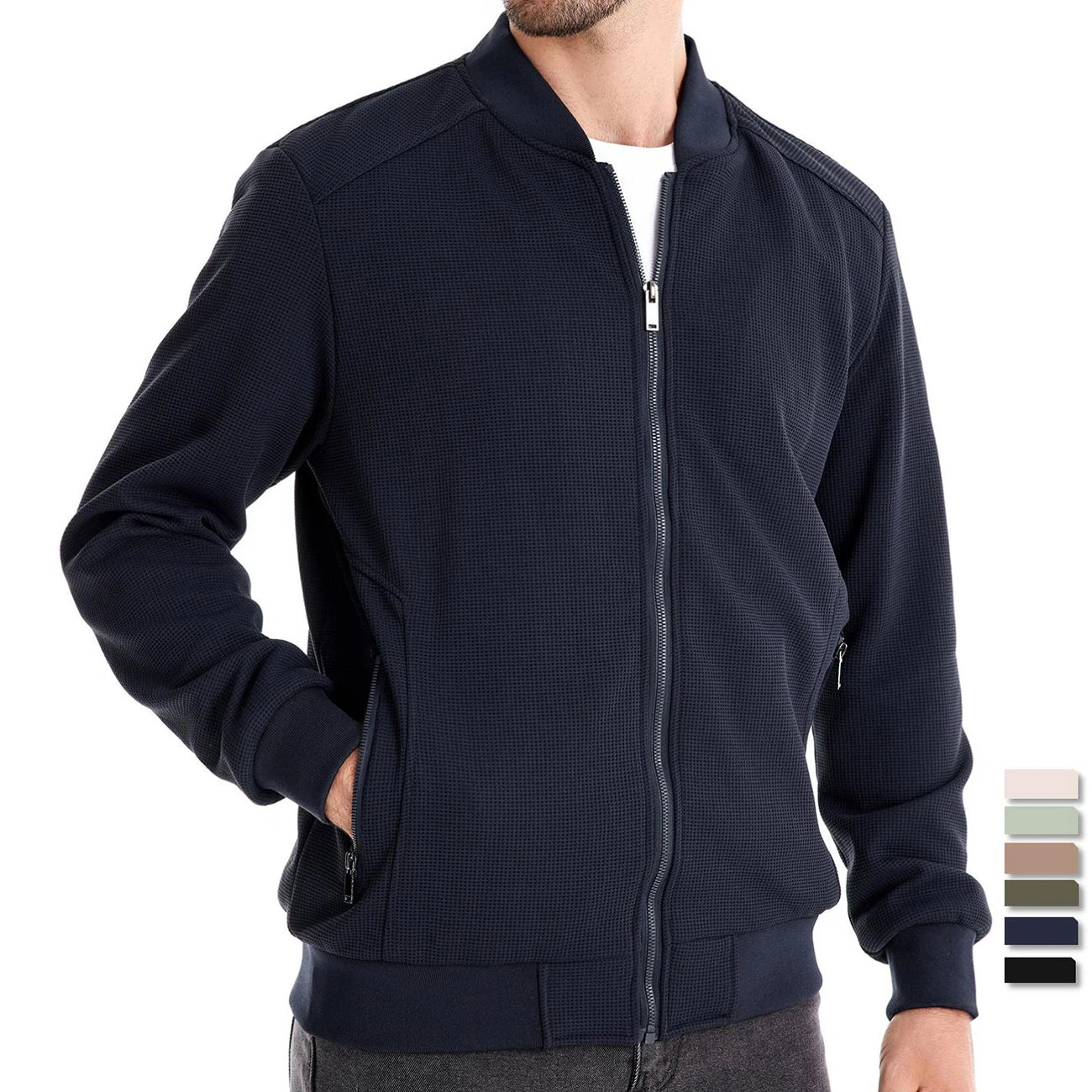 Men's Waffle Fleece Lined Bomber Jacket Autumn Winter Warm Casual Zipper Pocket Outwear Jackets and Coats for Men