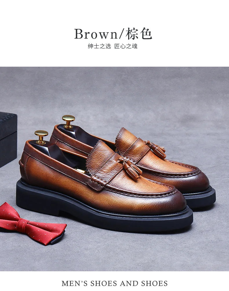 YETTIES Soft Leather Elegant Mens Dress Loafers Shoes Luxury Genuine Leather Tassel Thick Soled Wedding Social Formal Shoes