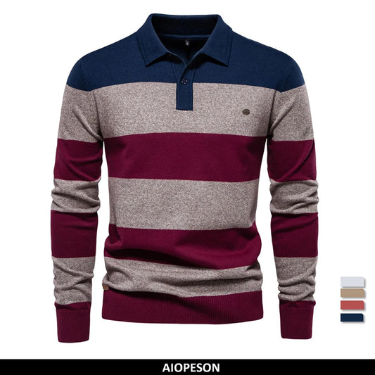 Herren-Pullover mit Streifen aus Baumwolle und Polokragen zum Knöpfen, lässiger Business-Pullover für Herren