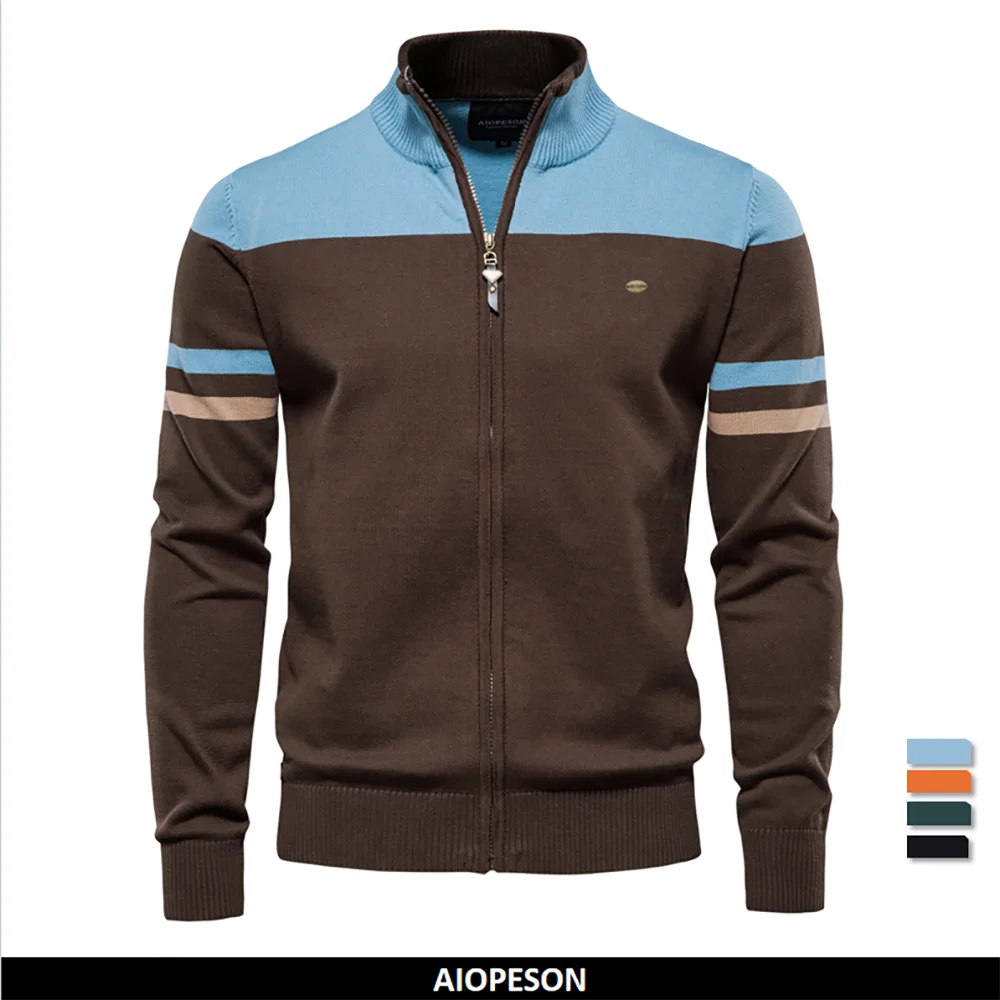 Men's Autumn and Winter 100% Cotton Zipper Cardigan Casual Patchwork Fashion Male Knitted Sweaters for Men