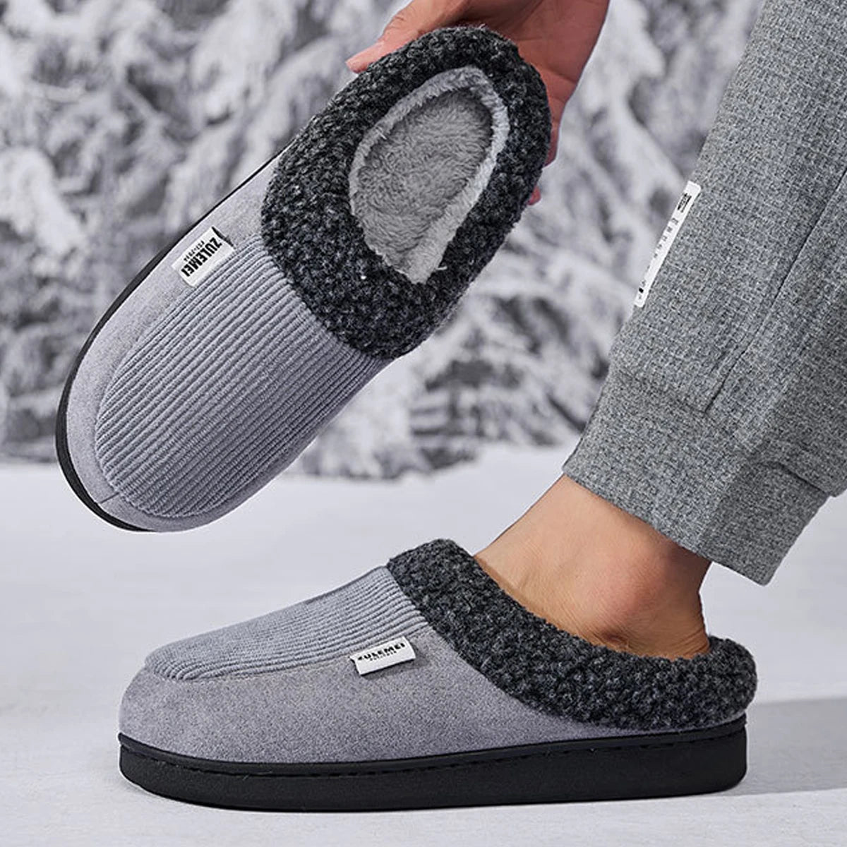 Men's Fuzzy Cotton Warm Shoes Winter Indoor Non-Slip Fluffy House Slides Fur Plush Male Cotton Slippers