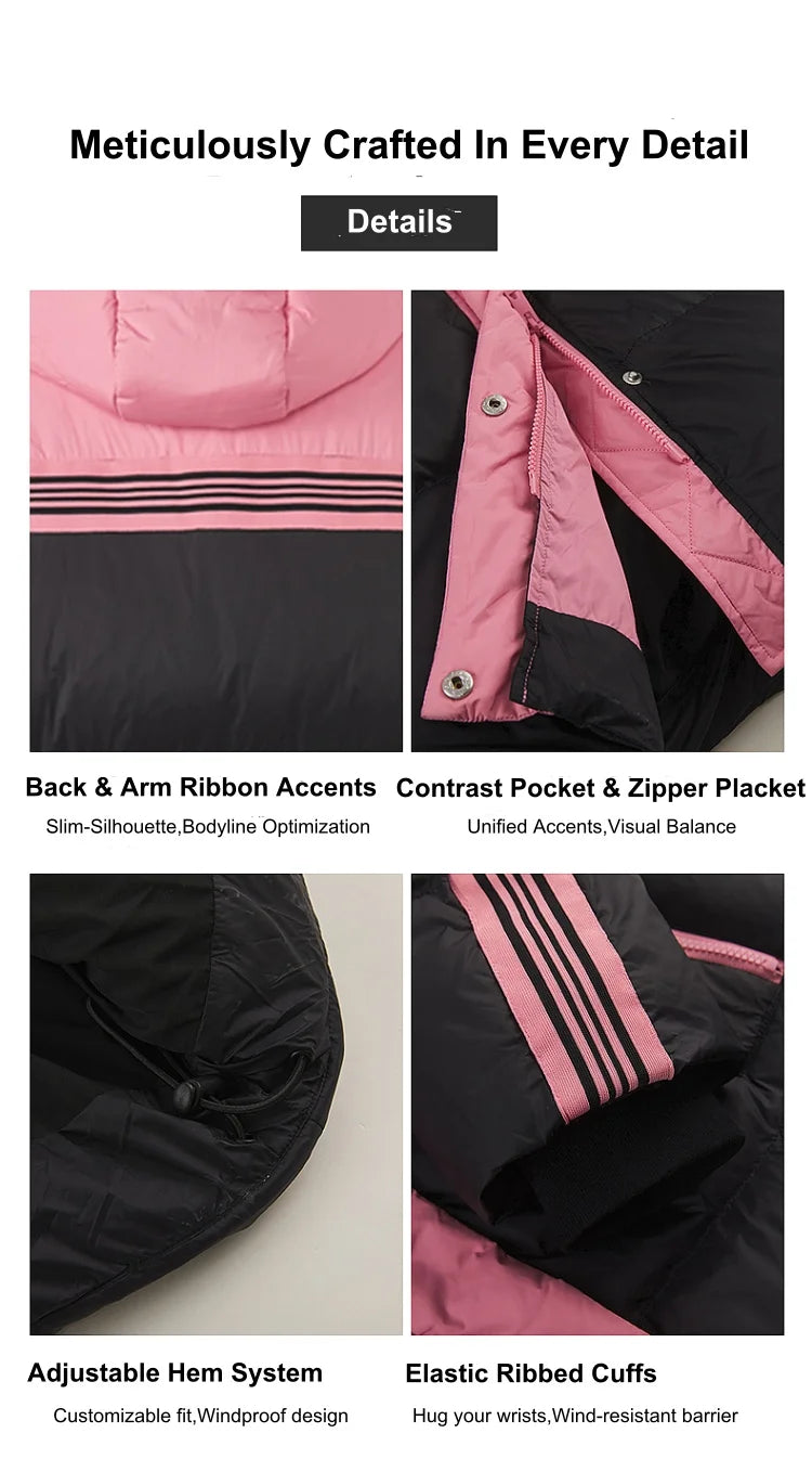 Women's Knee-Length Padded Coat With Detachable Hood, Stylish Colour-Blocking Windproof, Warm Duck Down Jacket For ladies