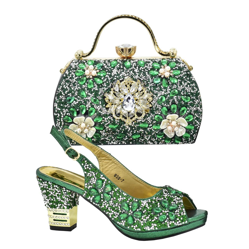 Italian Women Wedding Shoes and Bag Set Decorated with Rhinestone Africa Shoe and Bag Set Plus Size Heels 43 Wedding Shoes Bride
