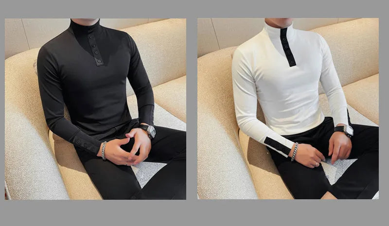 Men's High Quality Long Sleeve T-shirt For Autumn & Winter, Half-High Collar, Solid Colour Top. Collar Button Polo, Suitable As Business Casual