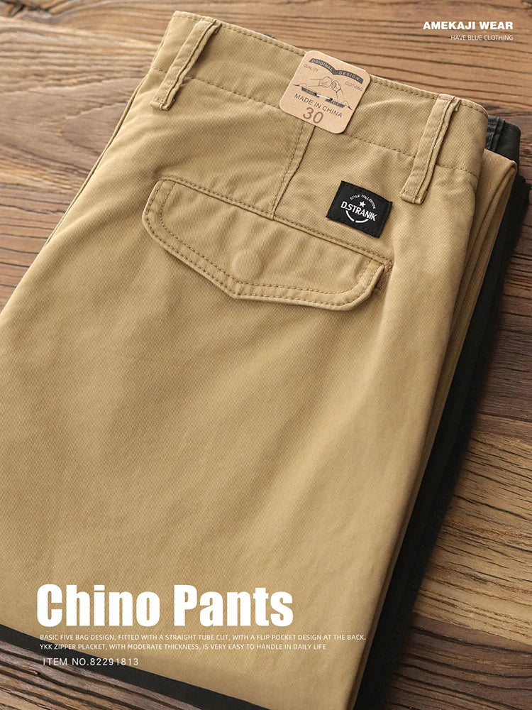 Spring Autumn New American Retro Twill Amekaji Chino Cargo Pants Men's Simple 100% Cotton Washed Straight Casual Trousers