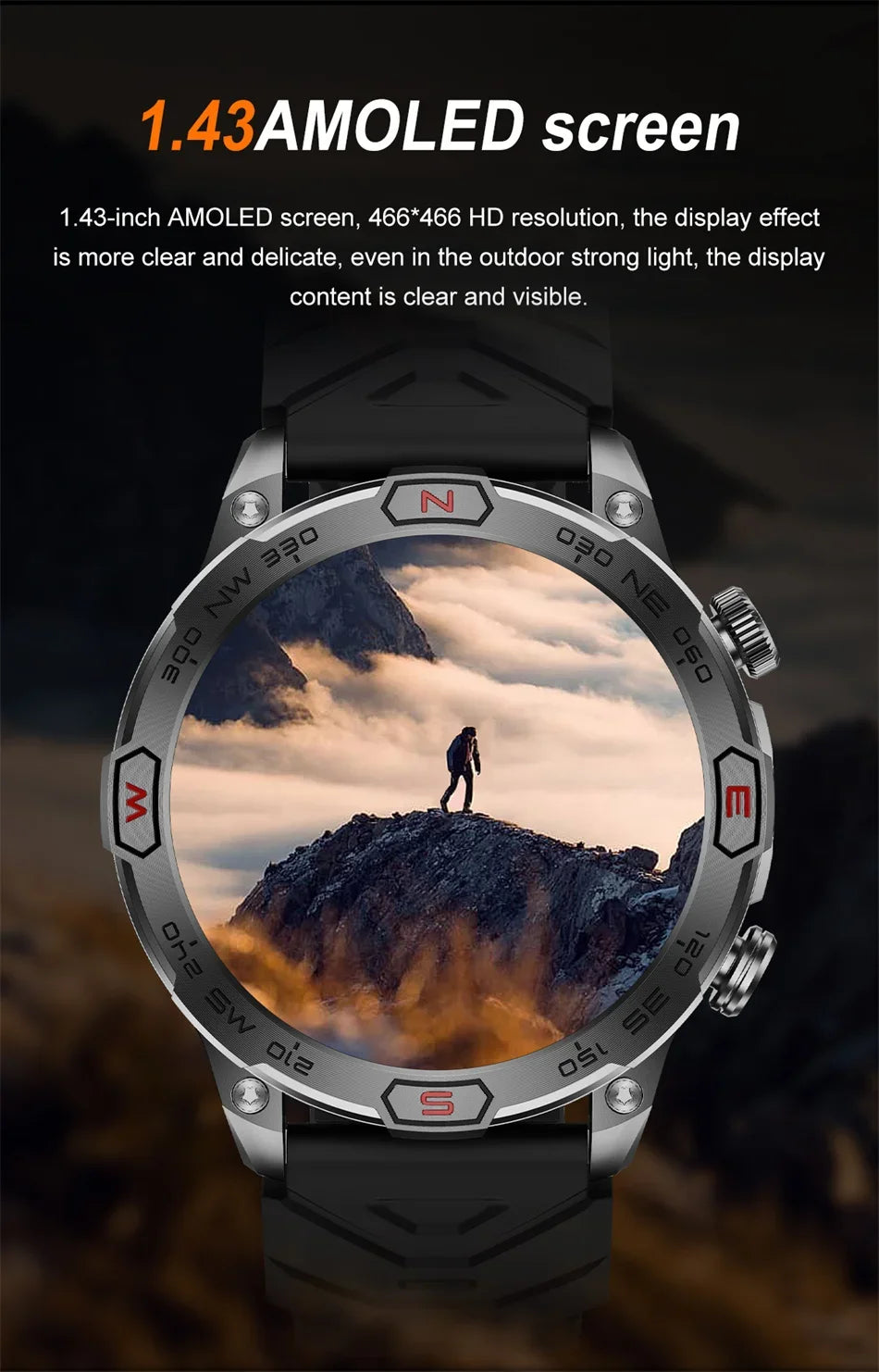 Outdoor Military Smart Watch Men Compass GPS Track Bluetooth Call IP68 Waterproof AMOLED Screen Smartwatch Compatible with Android IOS