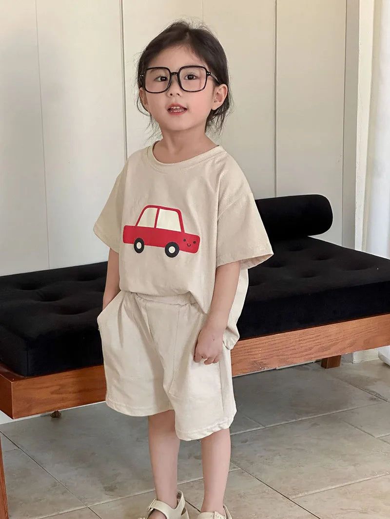 New Summer Kids Clothes Suit Children Cute Cartoon Car T-shirt + Shorts Boys Thin Style 2PCS Outfit 1-4Y Unisex