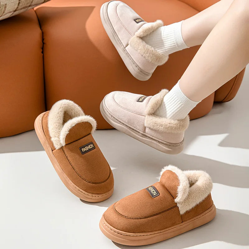 Unisex Plush Lining Shoes With Platform Soft Sole Indoor and Outdoor Slides Non-Slip Fluffy Cosy Warm Slippers For Men & Women