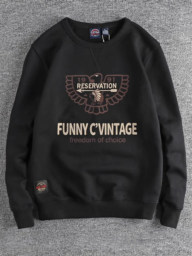 Winter American Retro 420g Thick Velvet Indian Elemet Printed Sweatshirts Men's Simple Washed Youth Casual Pullover Sportwear