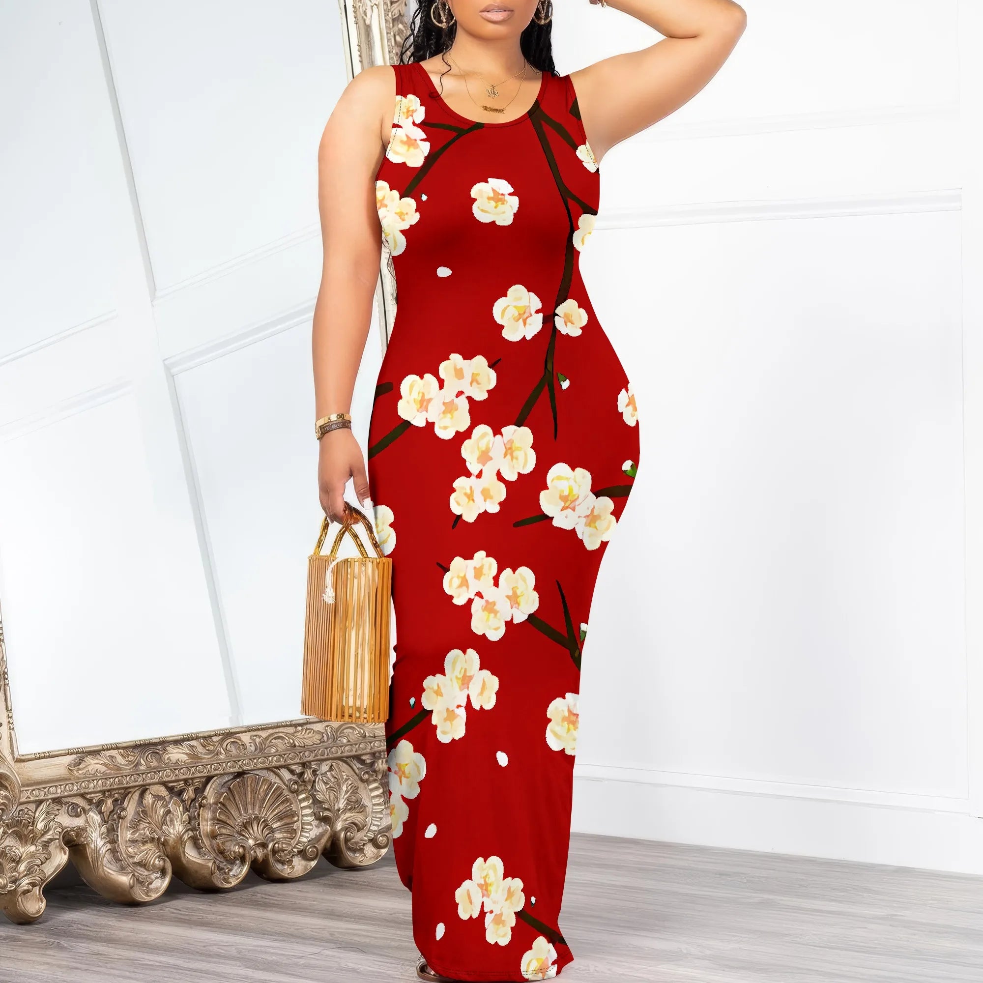 Summer Sleeveless Maxi Dress Women Floral Print Beach Sundress Elegant Pink Purple Bodycon Long Dress for Vacation