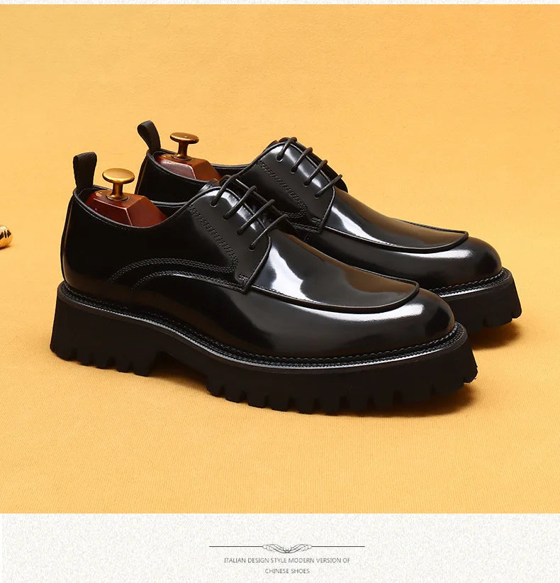 Designer Men's Leather Shoes With Thick Soles Round Toe Glossy Leather Business Dress and Waxed Cowhide Lace-Up British Shoes