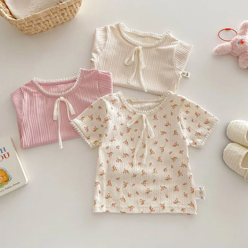 New Summer Kids T-shirt Boys Cute Hollow Out Floral Tops Children Thin Style Pit Strip Lace Girls Tee 1-5T Unisex