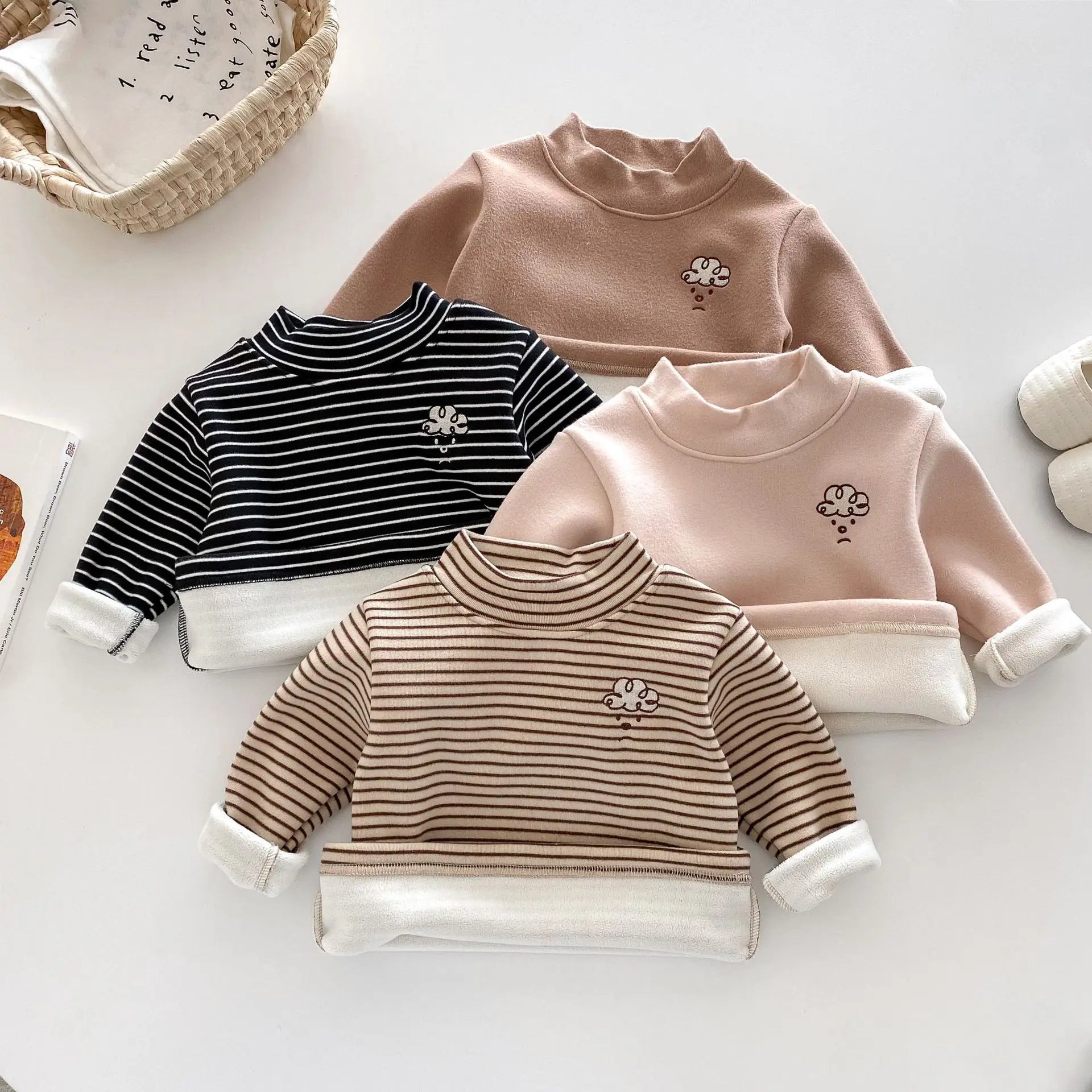Herfst Kinder Basis Shirt Jongens Halve Turtleneck Warme Onderkant Tops Meisjes Bontvoering Geborduurde Gestreepte Blouse 0-5 Jaar Unisex