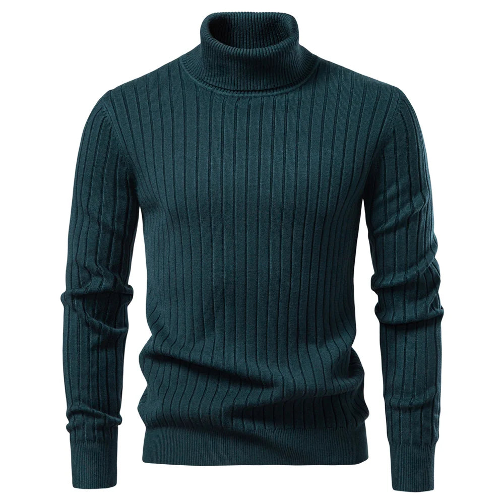 Men's Turtleneck Sweater Solid Colour With Striped Pullover Warm Knitwear Winter Casual High Quality Male Sweater