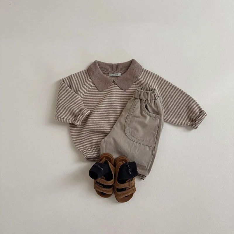 Baby Children's Sweater Turn Down Collar Kids Clothes Classic Striped Boys Jacket Sweaters Girls Knit Pullover 1-6Y Unisex