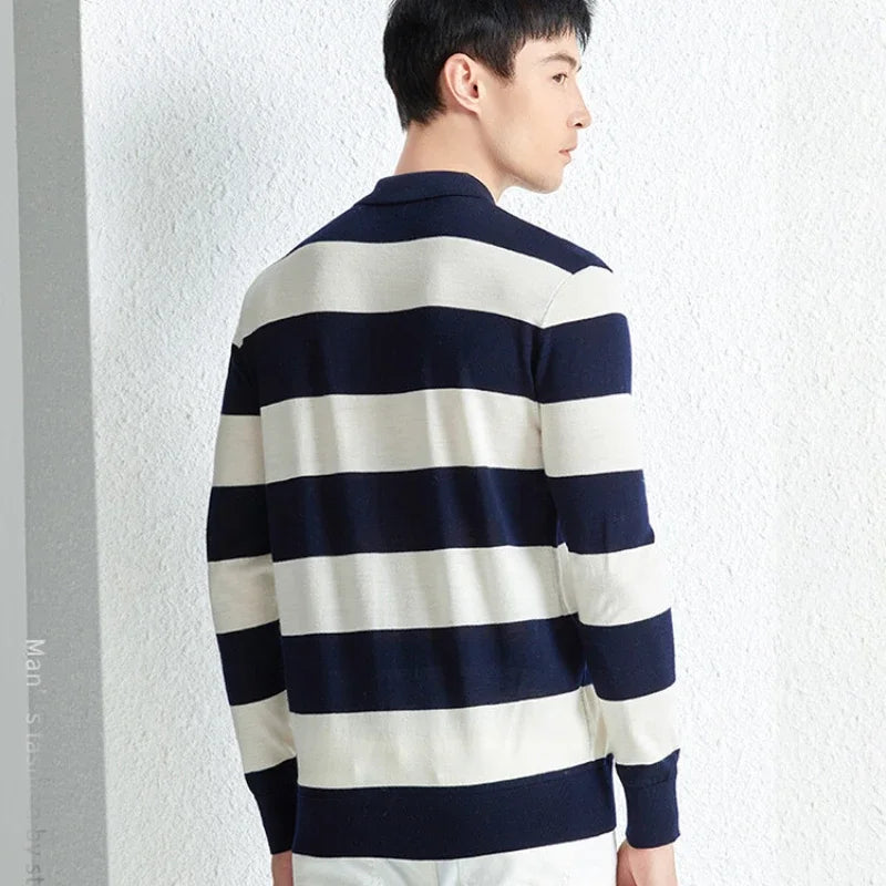 Men's Autumn & Winter 48-Count Worsted Basolan Wool Striped American T-Shirt with Polo Collar – Machine Washable & Loose-Knit