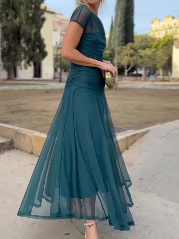 Women Summer Round Neck Loungewear Dress, See Through Solid Mesh Patchwork Elegant Maxi Dress, Short Sleeve Casual Ladies Dress