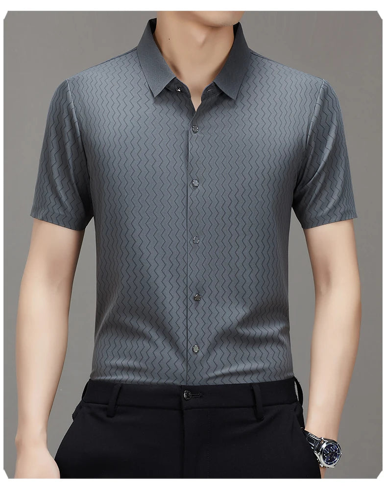 Men's Summer Lapel Shirt, Slim Fit Short-Sleeved, Fashion Dark Pattern Knitted Fabric Polo Shirt