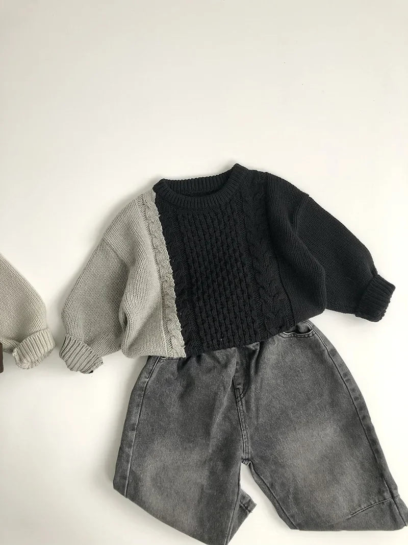 New Autumn Kid's Sweater Boys Trendy Patchwork Sweater Girls Knitted Pullover Children's Loose Knitwear 1-6Y Unisex