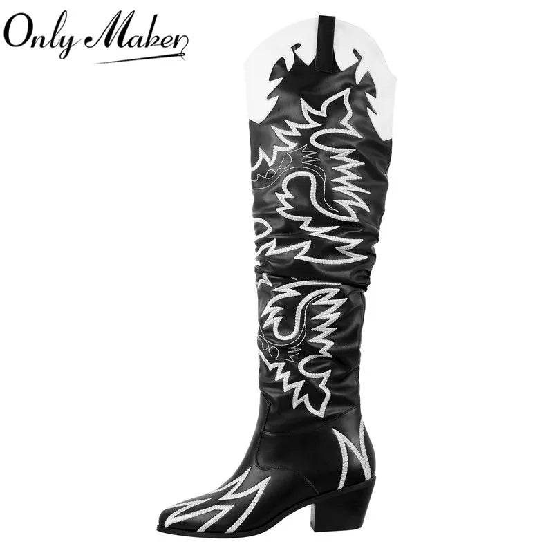 Woman Knee High Boots Western Cowboy Boots Wide Calf Embroidered Women Pointed Toe Block Heel Pull-On Cowgirl Boots