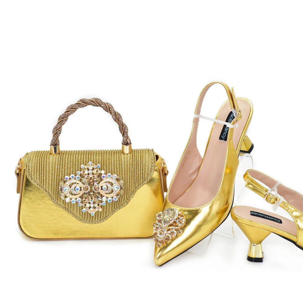 African Matching Shoes and Bags Set Decorated with Rhinestone for Ladies' Party