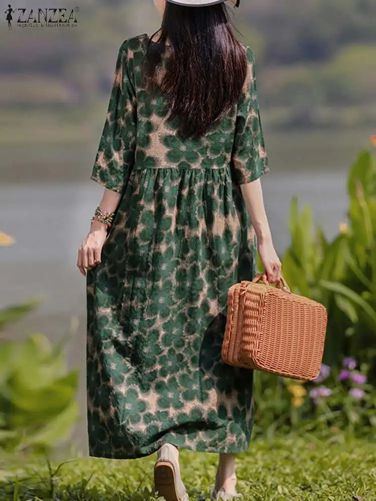 Bohemian Floral Printed Dress Autumn Long Sleeve O-Neck Maxi Robe Woman Casual Holiday Sundress Elegant Party Vestidos