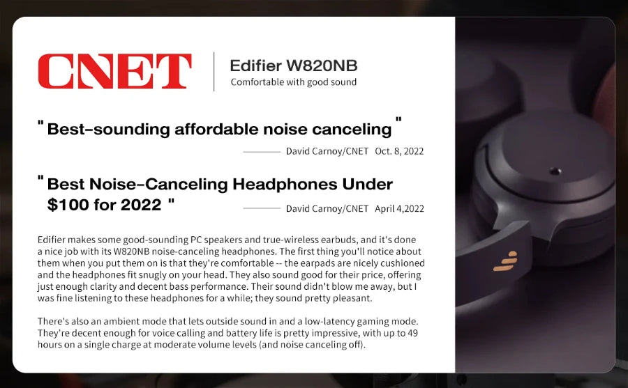 Edifier W820NB Plus Wireless Noise Cancelling Headphones 43dB ANC Hi-Res LDAC Codec 49hrs Playtime Over-Ear Bluetooth Headset