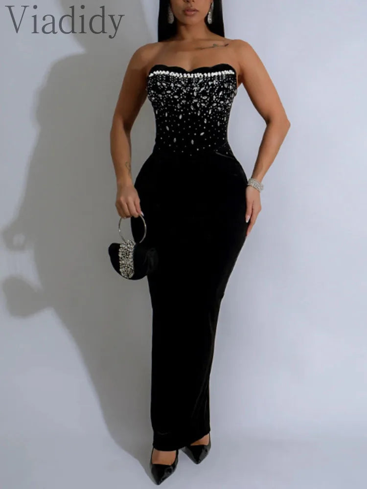 Women's Sexy Solid Color Backless Sleeveless Rhinestone Decor Velvet Bandeau Party Dress