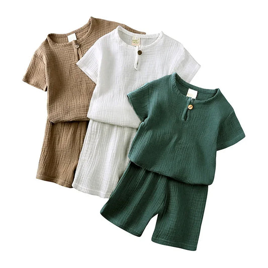 2025 Zomer 100% Katoen Baby Jongen Meisje 2-delige Set Effen Korte Mouw Shirt Casual Peuterpak 1-7T Unisex