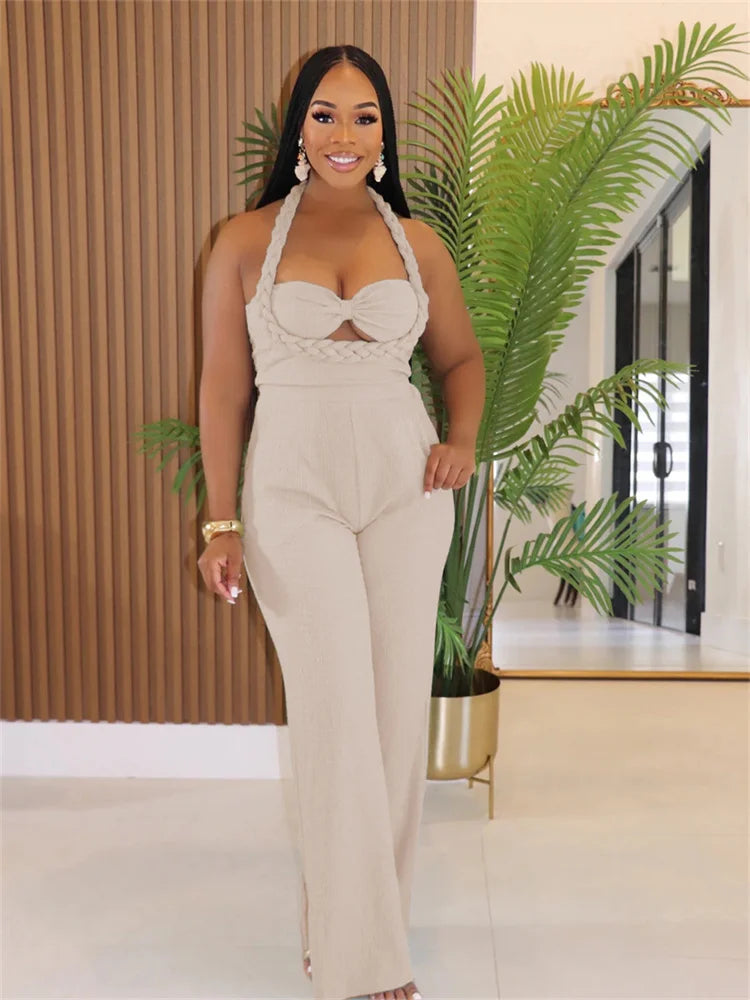 Women Fashion Straight Jumpsuit Summer Trend Twist Bandage Halter Ruched Hollow Backless Sleeveless Classic Outfits
