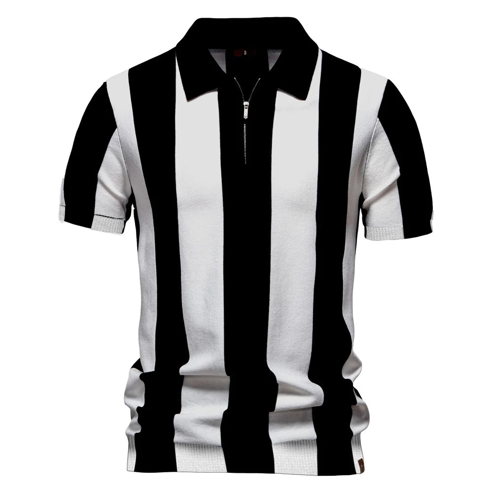 Men's Summer Breathable And Striped Contrast Panel Polo Shirt - Casual Short-Sleeve Knit Shirt With Comfort Fit