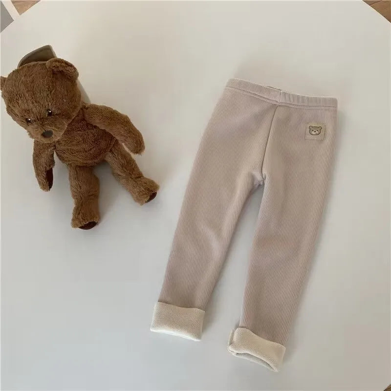 New Autumn Kids Leggings Girls Cute Bear Fur Padded Skinny Pants Children Warm Cartoon Elastic Leggings 4-6Y Girls