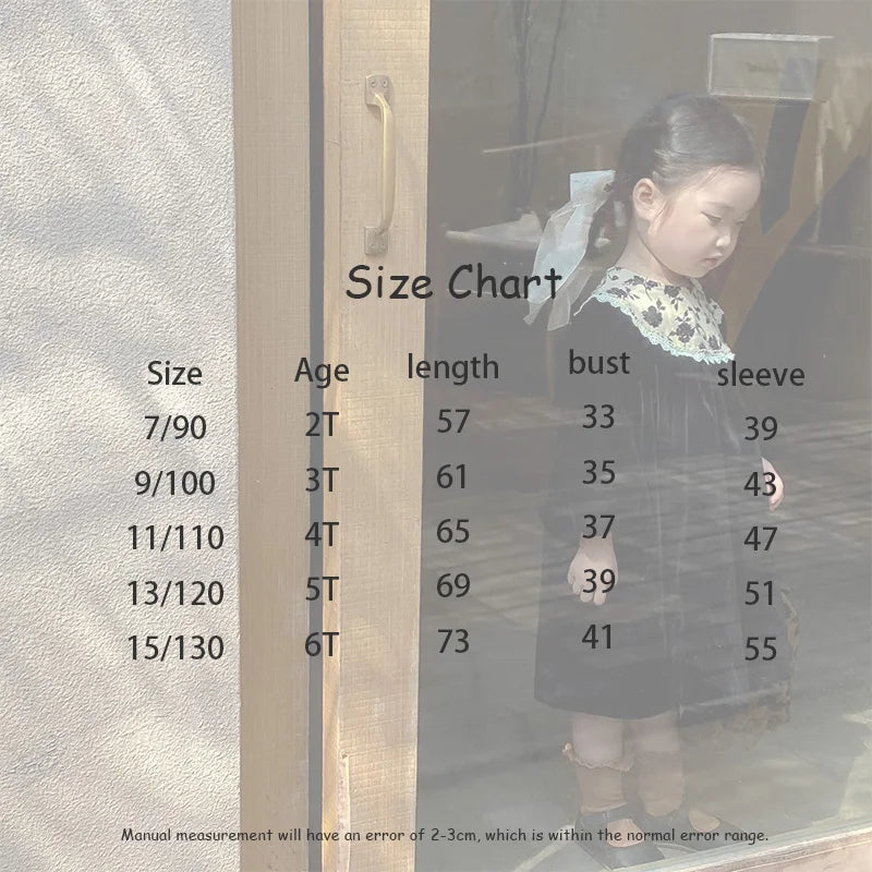 Autumn Velvet Vintage Style Kids Long Dress for Girls Floral Round Collar Princess Kids Clothes Dresses 2-6 Years