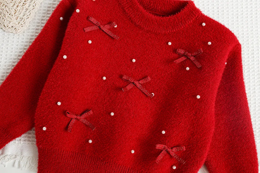 New Autumn Baby Knitwear Cute Girls Bow Bead Children's Sweater Thin Kids Clothes 9M-5T Girls