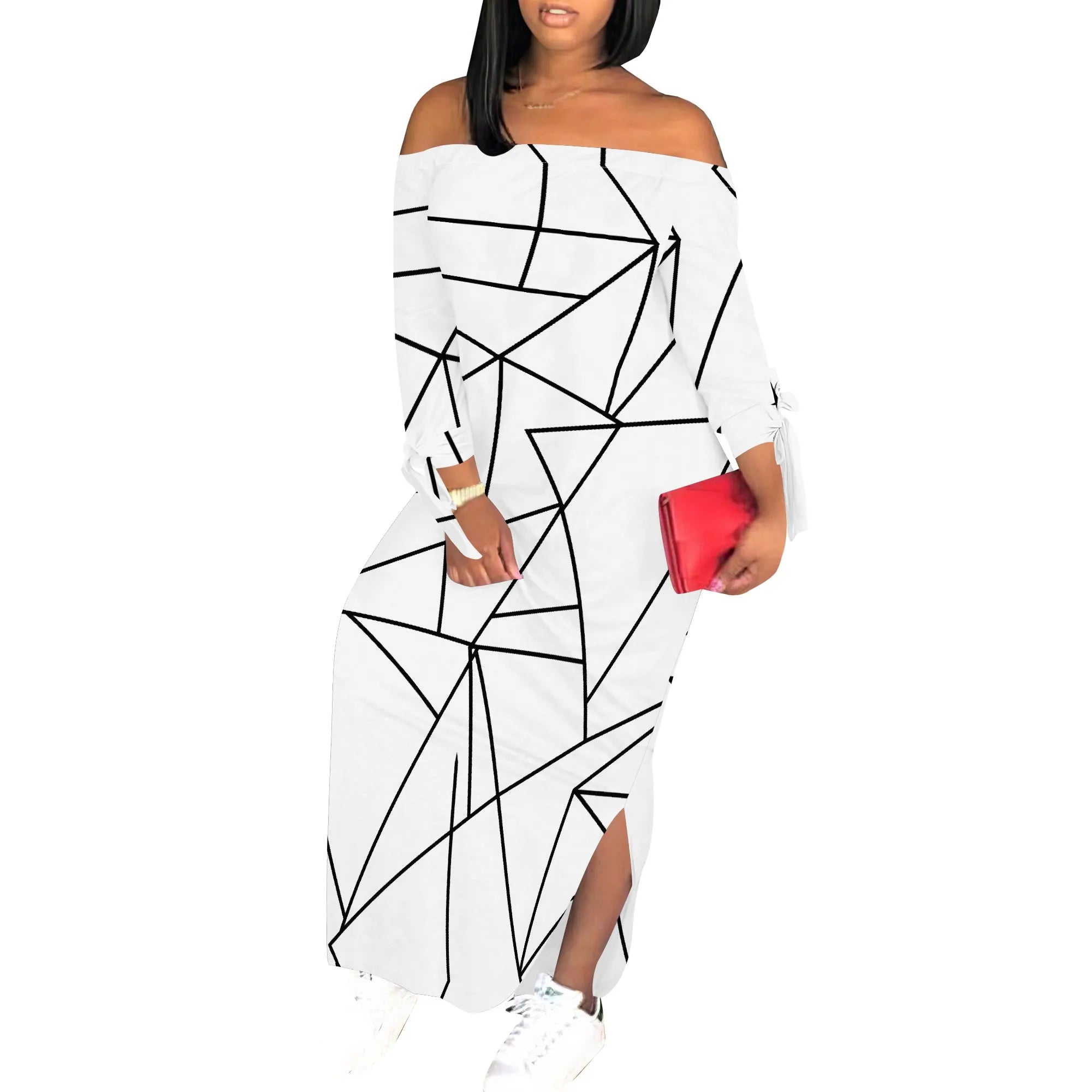 Off Shoulder Long Sleeve Maxi Dress for Women Geometric Line Print Chic Casual Slim Fit Dress
