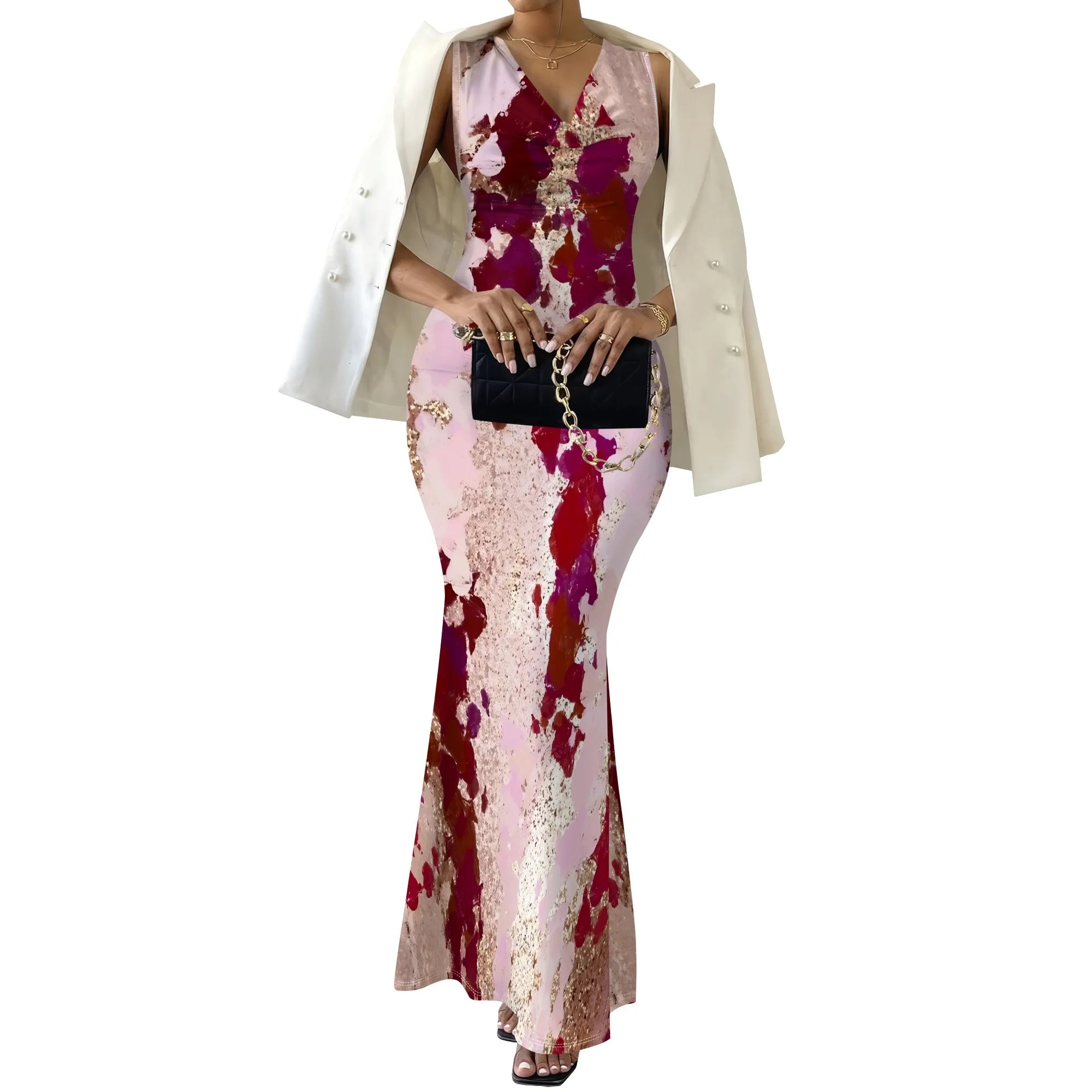 Women's V-Neck Sleeveless Maxi Dress Abstract Artistic Print Elegant Summer Party Dress