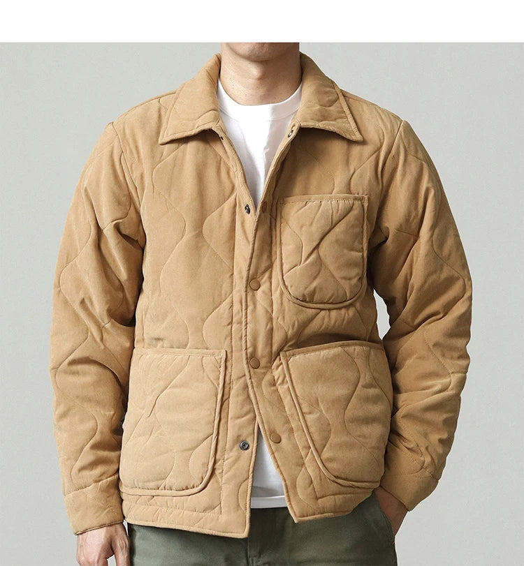 Winter New American Retro Langarm Revers Baumwolle gepolsterte Cargojacke Herren Einfacher dicker Innenliner Lässiger Mantel mit mehreren Taschen