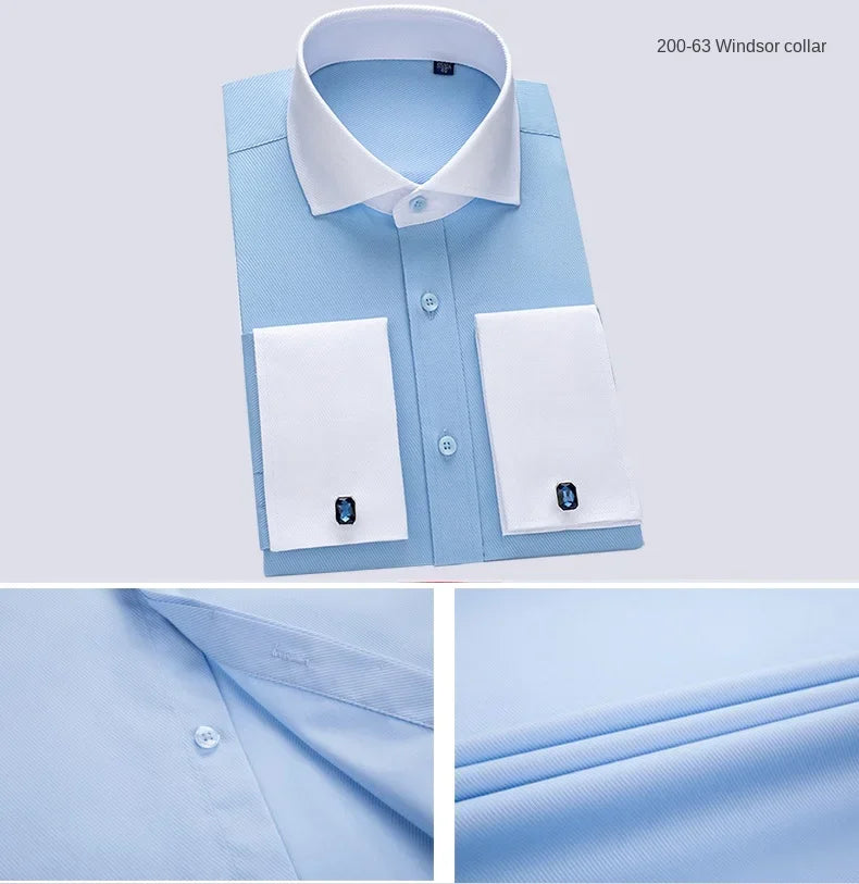 2024 Niche Chic Dubbelgevouwen Mouw Windsor Kraag Zakelijk Overhemd met Lange Mouwen Heren Hoogwaardige Jurk willekeurige Franse Manchetknopen