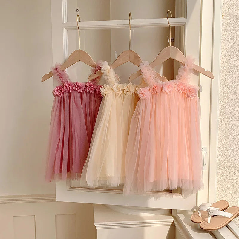 Summer Kids Sweet Mesh Dress Girls 6 Colours Suspended Floral Beach Skirt Children Tutu Princess Dress 1-6Y Girls