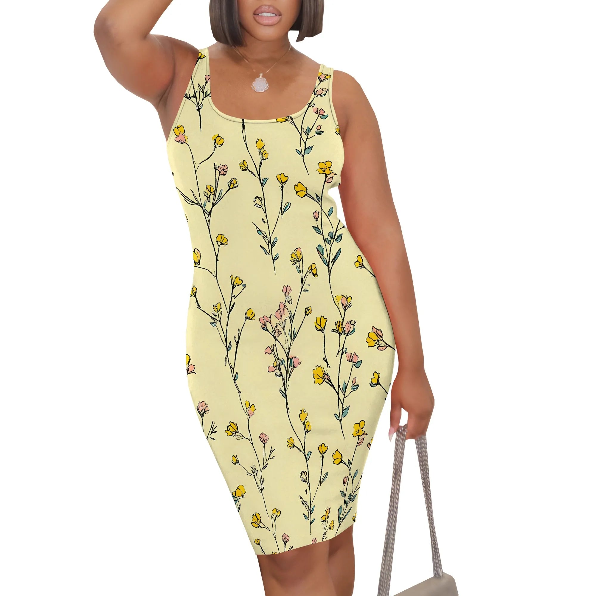 Elegant Floral Print Sleeveless Bodycon Dress Slim Fit Soft Touch Fabric Women’s Casual Mini Dress