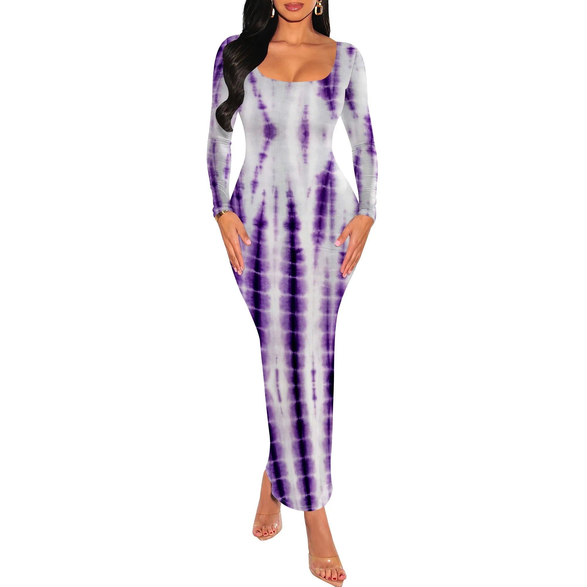 Women's Fall Trendy Dress Tie Dye Crew Neck Long Sleeve Bodycon Maxi Dress Casual Long Dresses