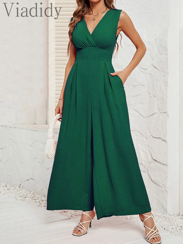 Women Solid Color V-Neck Sleeveless Side Pockets Wide Leg Jumpsuit