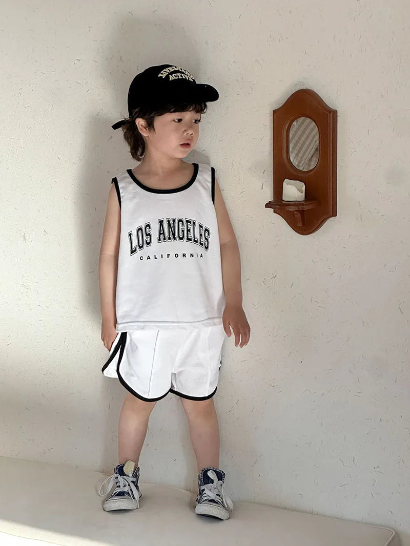 New Summer Kids Clothes Set Children Thin Style Letter Sports Suit Girls Tank Top Shorts Boys Outfits 4-6Y Unisex