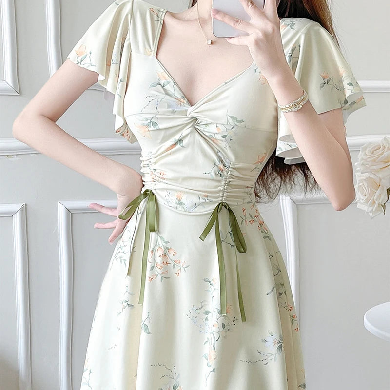 Elegant Pleated Ruffle Sleeve Swimsuit Women Fashion Printed Beach Bathing Suit Conservative Belly Covering Slimming Swimwear