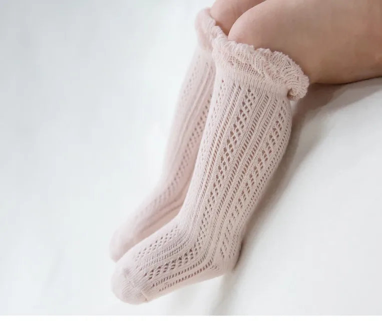 Baby Girl Knitted Mesh Socks Knee High Tube Toddler Girls Solid Socks Summer Thin Cotton Infant Kids Long Tube Socking 0-2 Years