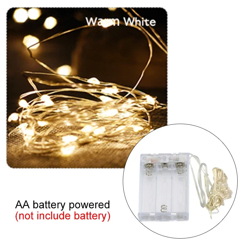 2M 5M 10M LED-lichtsnoer op batterijen, koperdraad, slingerverlichting, buiten, tuin, bruiloft, feest, kerstboomdecoratie