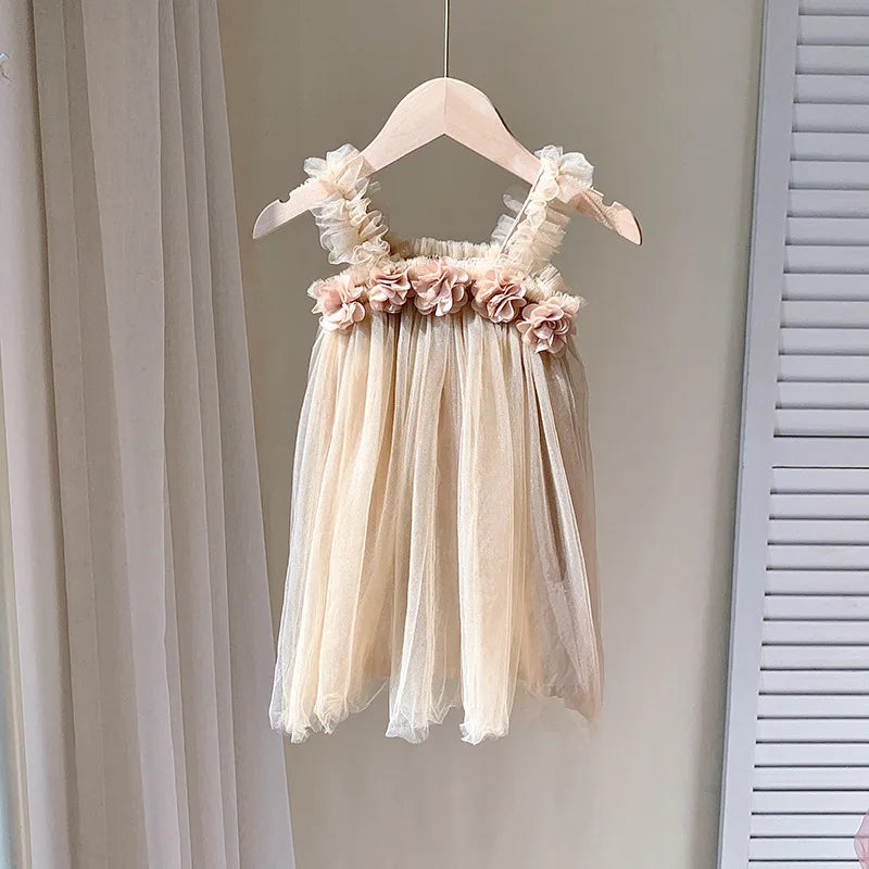 Summer Kids Sweet Mesh Dress Girls 6 Colours Suspended Floral Beach Skirt Children Tutu Princess Dress 1-6Y Girls