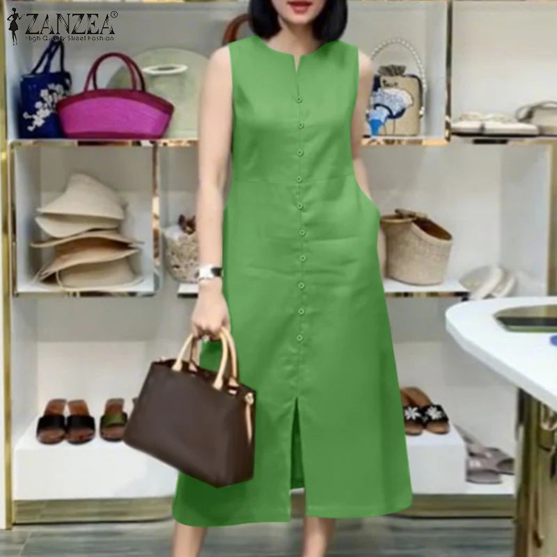 2025 Women Summer Sundress Elegant Work OL Midi Dresses V Neck Sleeveless Solid Dress Fashion Buttons Down Robe Plus Size