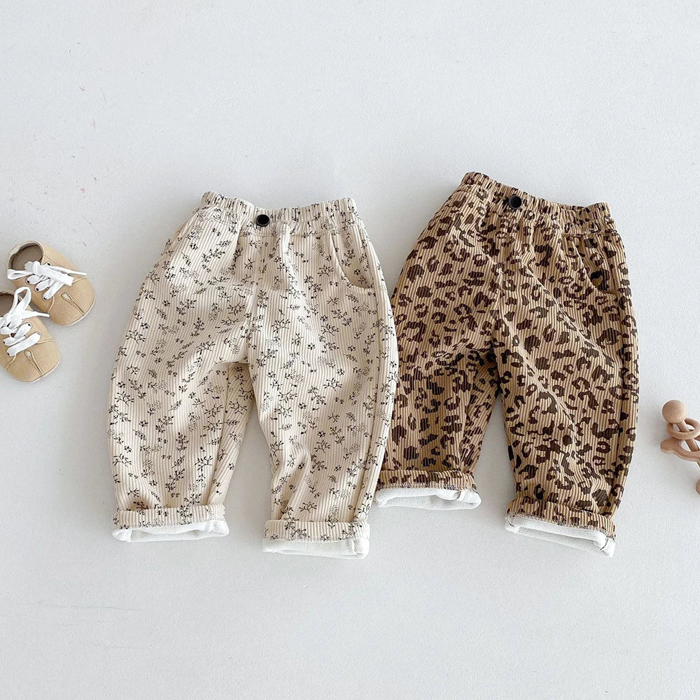 Autumn Kids Baby Pants Thickened Fleece Lining Floral Girls Trousers Warm Fashion Leopard Print Boys Pants Outwear 1-5Y Unisex