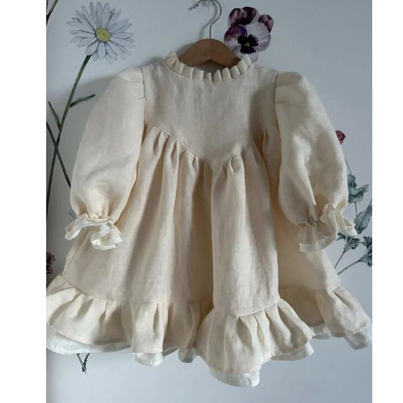 Spring Toddler Big A-line Girls Dress Linen Dress for Children Puff Sleeve Princess Kids Clothes Patchwork Dresses 2-7Y Girls